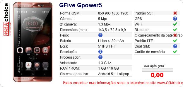 GFive Gpower5 Especificações técnicas do telemóvel GFive Gpower5 Especificações técnicas do telemóvel