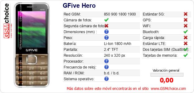 GFive Hero Datos técnicos del móvil GFive Hero Datos técnicos del móvil