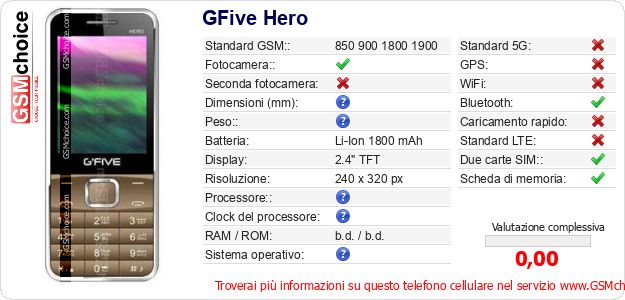 GFive Hero Dati tecnici di telefono cellulare GFive Hero Dati tecnici di telefono cellulare