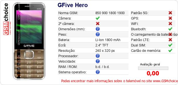 GFive Hero Especificações técnicas do telemóvel GFive Hero Especificações técnicas do telemóvel