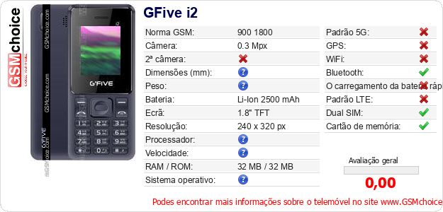 GFive i2 Especificações técnicas do telemóvel 