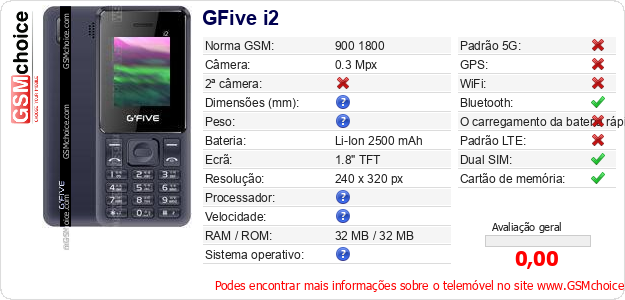 GFive i2 Especificações técnicas do telemóvel 