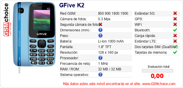 GFive K2 Datos técnicos del móvil 