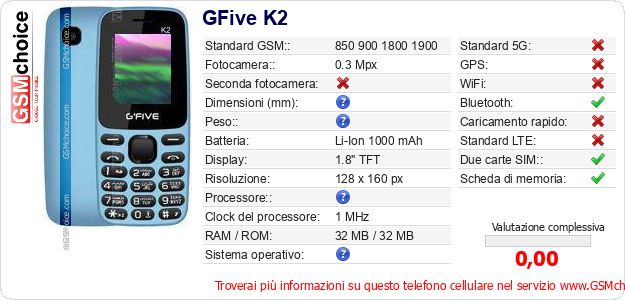 GFive K2 Dati tecnici di telefono cellulare 