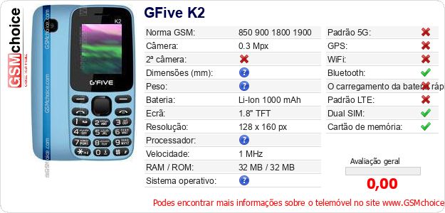 GFive K2 Especificações técnicas do telemóvel 