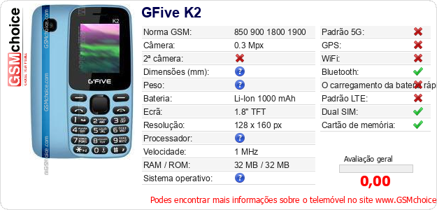 GFive K2 Especificações técnicas do telemóvel 