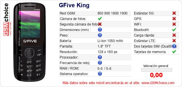 GFive King Datos técnicos del móvil GFive King Datos técnicos del móvil