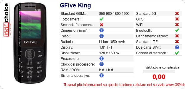 GFive King Dati tecnici di telefono cellulare 