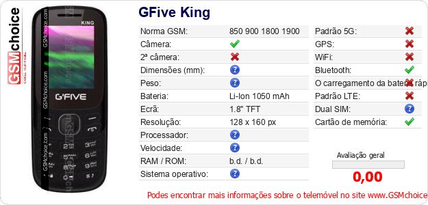 GFive King Especificações técnicas do telemóvel 