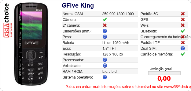 GFive King Especificações técnicas do telemóvel 