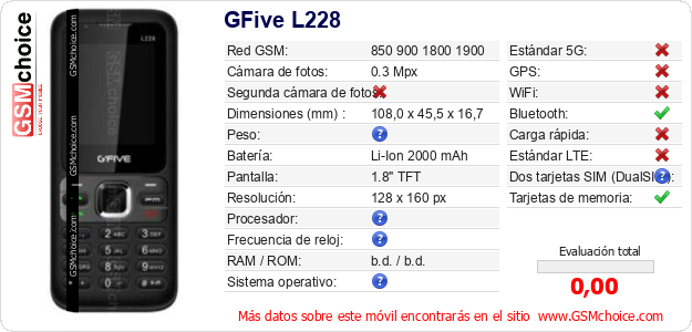 GFive L228 Datos técnicos del móvil 