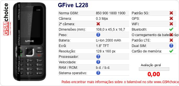 GFive L228 Especificações técnicas do telemóvel 