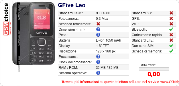 GFive Leo Dati tecnici di telefono cellulare 