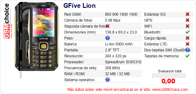 GFive Lion Datos técnicos del móvil 