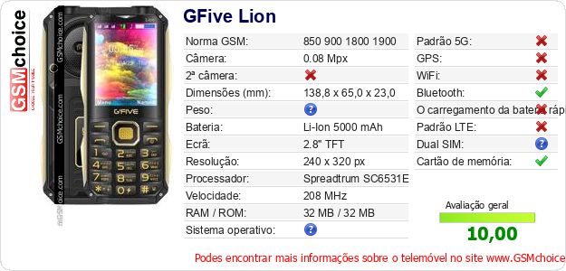 GFive Lion Especificações técnicas do telemóvel 