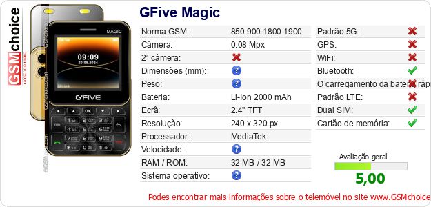 GFive Magic Especificações técnicas do telemóvel GFive Magic Especificações técnicas do telemóvel