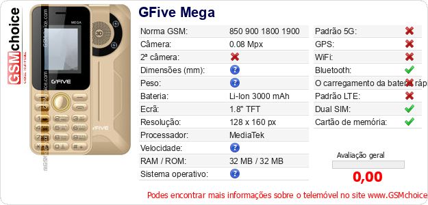 GFive Mega Especificações técnicas do telemóvel GFive Mega Especificações técnicas do telemóvel
