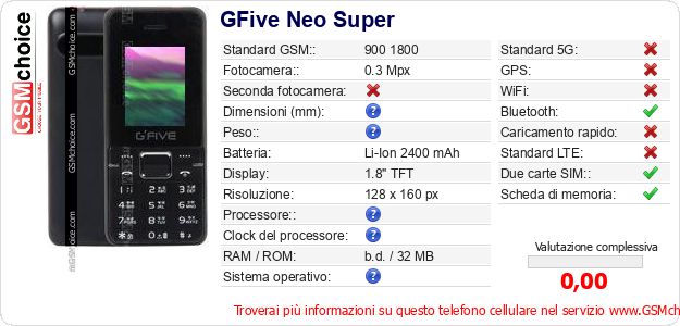 GFive Neo Super Dati tecnici di telefono cellulare GFive Neo Super Dati tecnici di telefono cellulare