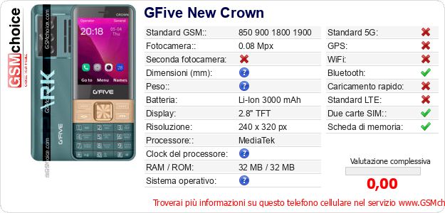 GFive New Crown Dati tecnici di telefono cellulare GFive New Crown Dati tecnici di telefono cellulare