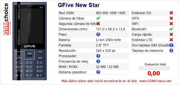 GFive New Star Datos técnicos del móvil 