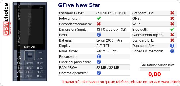 GFive New Star Dati tecnici di telefono cellulare 