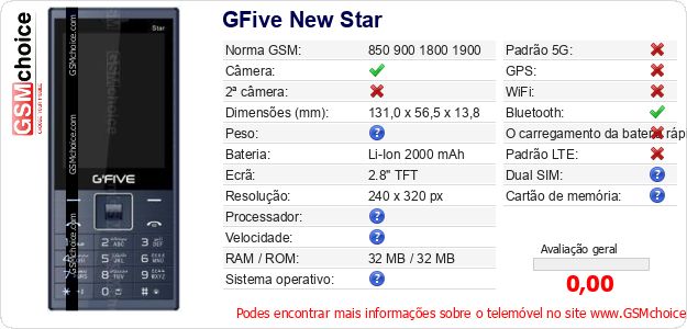 GFive New Star Especificações técnicas do telemóvel 