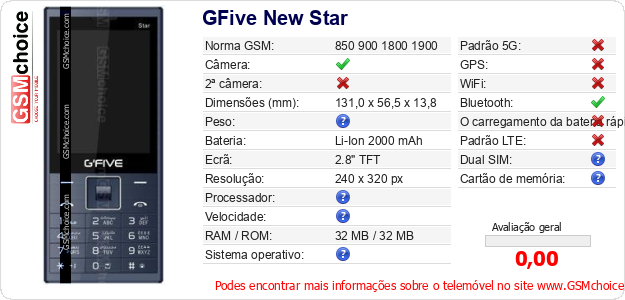 GFive New Star Especificações técnicas do telemóvel 