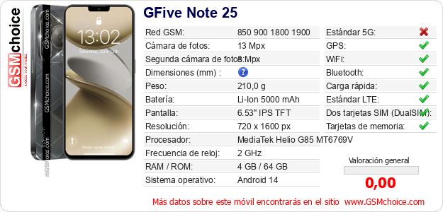 GFive Note 25 Datos técnicos del móvil 