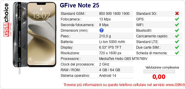 GFive Note 25 Dati tecnici di telefono cellulare 