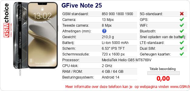 GFive Note 25 Technische gegevens 
