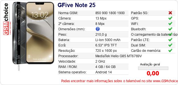 GFive Note 25 Especificações técnicas do telemóvel 