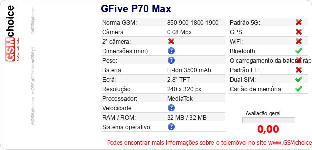 GFive P70 Max Especificações técnicas do telemóvel GFive P70 Max Especificações técnicas do telemóvel