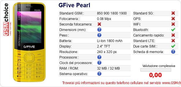 GFive Pearl Dati tecnici di telefono cellulare 