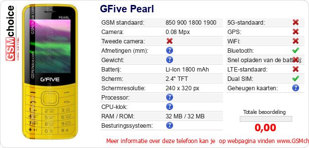 GFive Pearl Technische gegevens GFive Pearl Technische gegevens