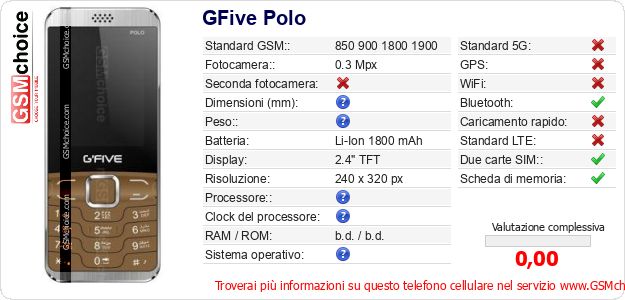 GFive Polo Dati tecnici di telefono cellulare GFive Polo Dati tecnici di telefono cellulare