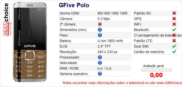 GFive Polo Especificações técnicas do telemóvel GFive Polo Especificações técnicas do telemóvel