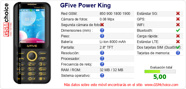 GFive Power King Datos técnicos del móvil 