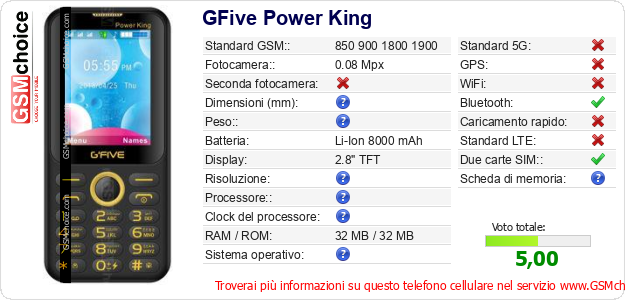 GFive Power King Dati tecnici di telefono cellulare GFive Power King Dati tecnici di telefono cellulare