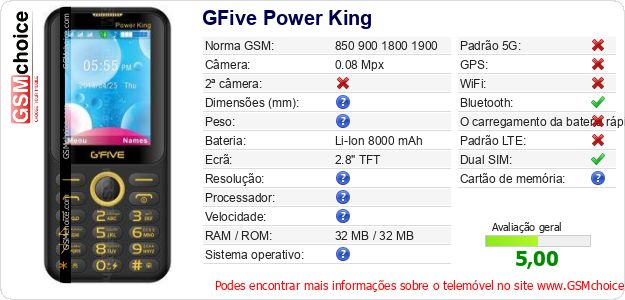 GFive Power King Especificações técnicas do telemóvel 