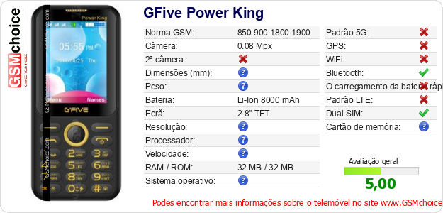 GFive Power King Especificações técnicas do telemóvel GFive Power King Especificações técnicas do telemóvel