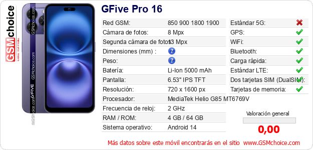 GFive Pro 16 Datos técnicos del móvil GFive Pro 16 Datos técnicos del móvil