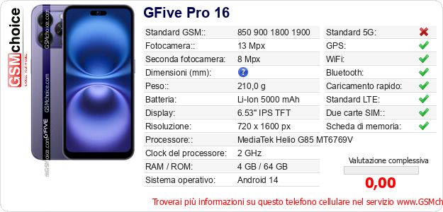 GFive Pro 16 Dati tecnici di telefono cellulare 