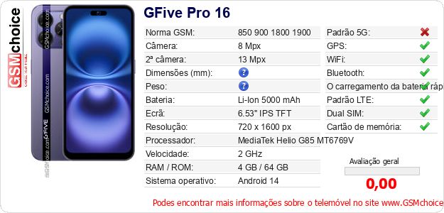 GFive Pro 16 Especificações técnicas do telemóvel GFive Pro 16 Especificações técnicas do telemóvel