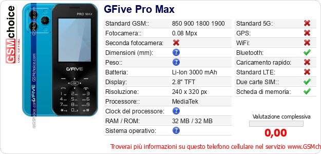GFive Pro Max Dati tecnici di telefono cellulare GFive Pro Max Dati tecnici di telefono cellulare