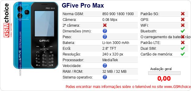 GFive Pro Max Especificações técnicas do telemóvel GFive Pro Max Especificações técnicas do telemóvel