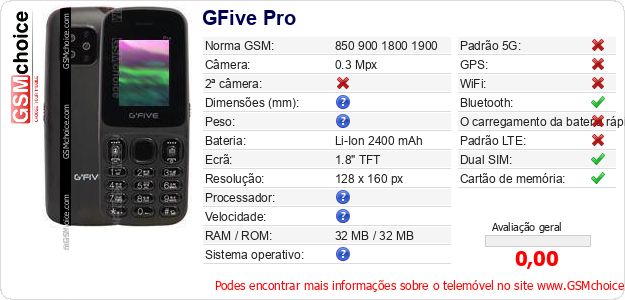GFive Pro Especificações técnicas do telemóvel GFive Pro Especificações técnicas do telemóvel