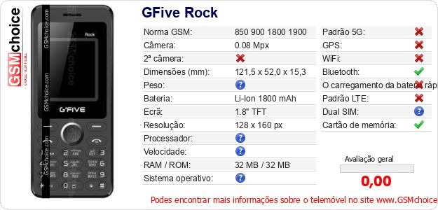 GFive Rock Especificações técnicas do telemóvel GFive Rock Especificações técnicas do telemóvel