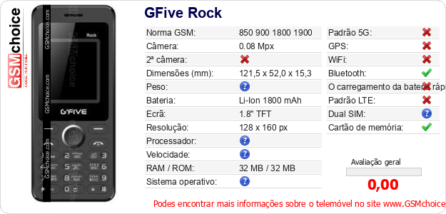 GFive Rock Especificações técnicas do telemóvel 