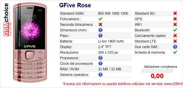 GFive Rose Dati tecnici di telefono cellulare 