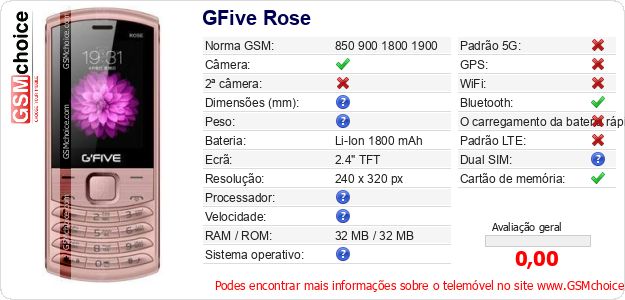 GFive Rose Especificações técnicas do telemóvel GFive Rose Especificações técnicas do telemóvel
